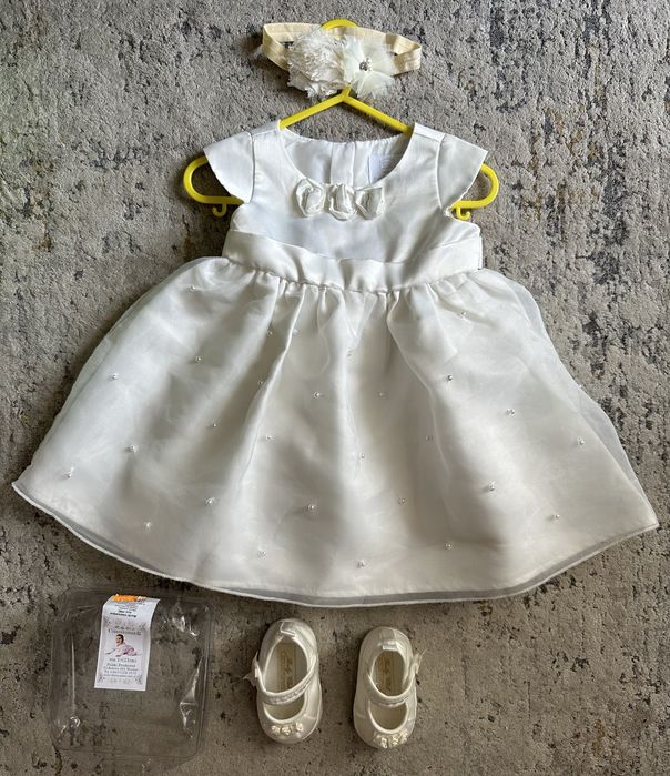 Zestaw na chrzest: Sukienka biała r.74 CoolClub + buty r.18 + opaska