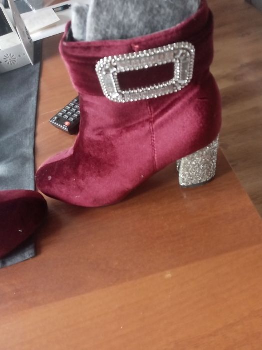 Botki bordo35 za kostke aksamit srebrne obcasy
