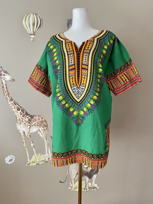 Tunika dashiki afrykańska unisex M zielona etno boho festival oversize