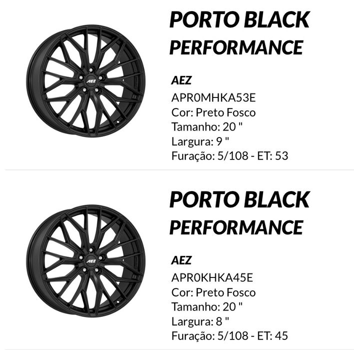 Jantes AEZ Porto Black Perfomance 20’’ com pneus Continental