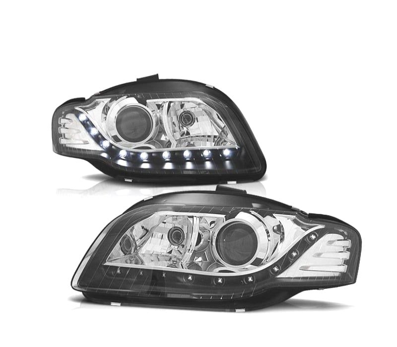 FARÓIS FRONTAIS AUDI A4 B7 04-07 LUZ DIURNA FUNDO PRETO CROMADO