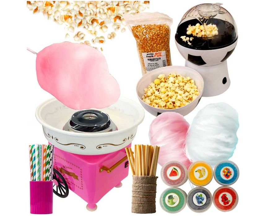 Świetny zestaw mini maszyna do waty i popcornu z cukrami i kukurydzą