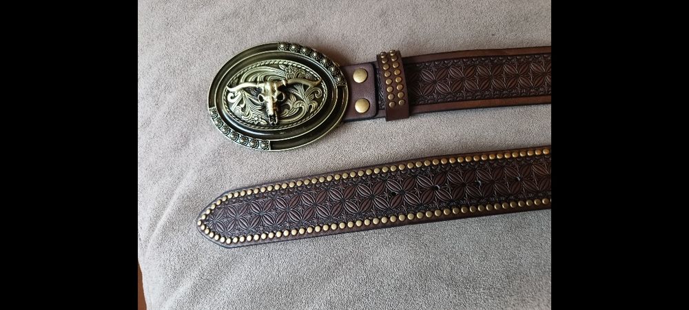 125 cm brązowy pasek z klamrą byk longhorn western  Kowbojski