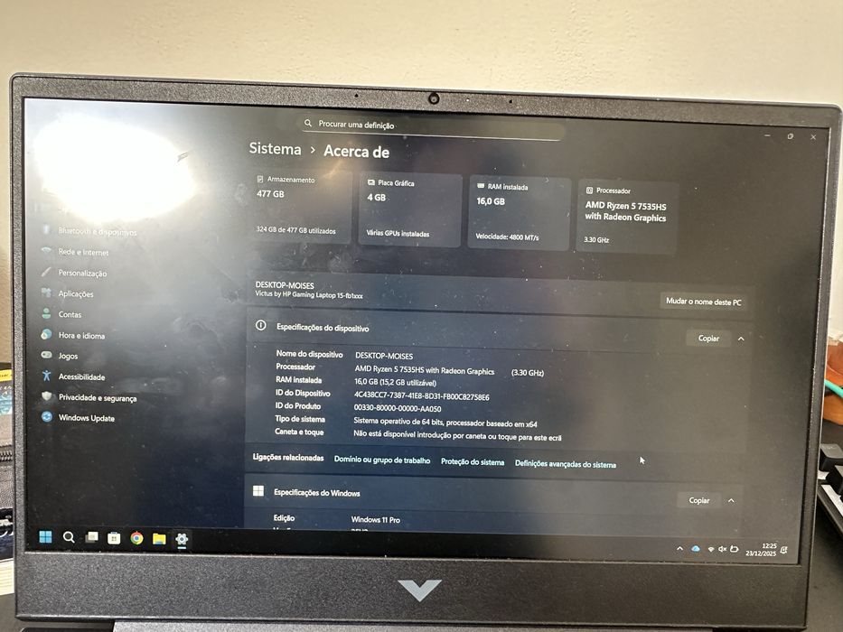 Potatil Gaming HP Victus Ryzen 5 16GB RTX2050  DDR5 de RAM 500GB SSD