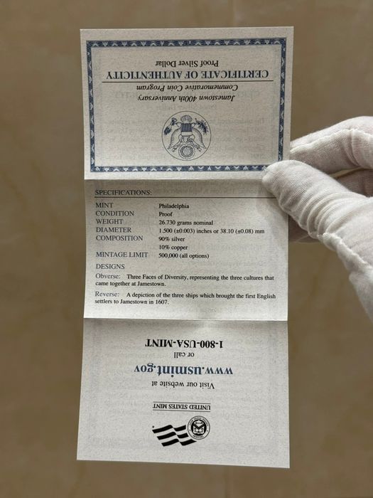 Долар 2007р. США. Джеймстаун. СРІБЛО. Набір. Сертифікат