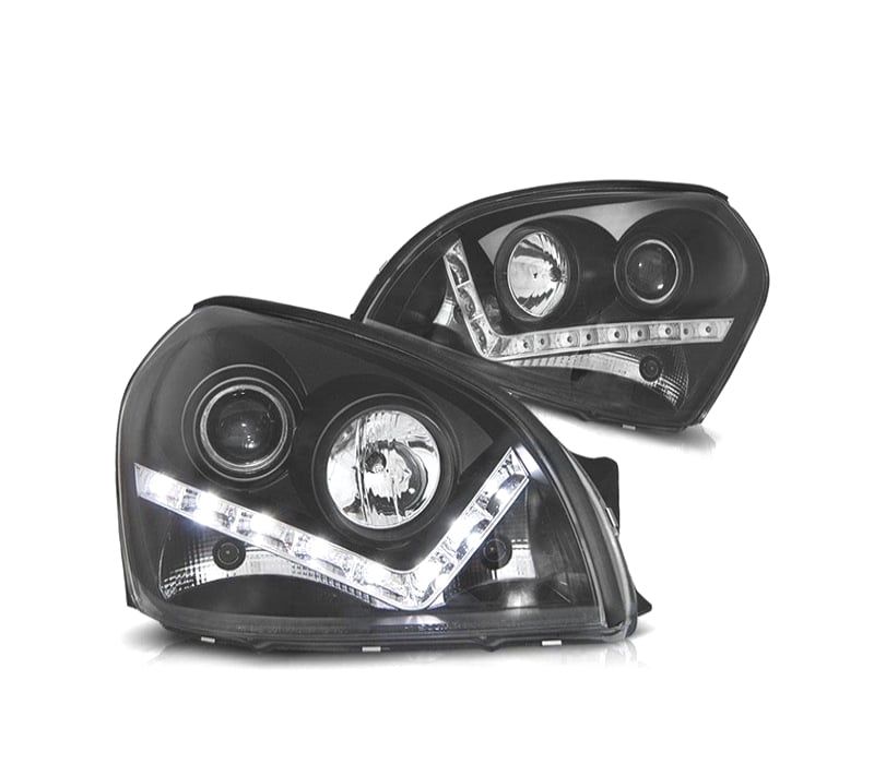 FAROIS FRONTAIS PARA HYUNDAI TUCSON 04-10 LUZ DIURNA FUNDO PRETO