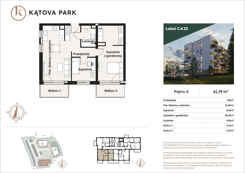 3 pokoje + garderoba | 61,79 m² | 2 balkony | Kątova Park