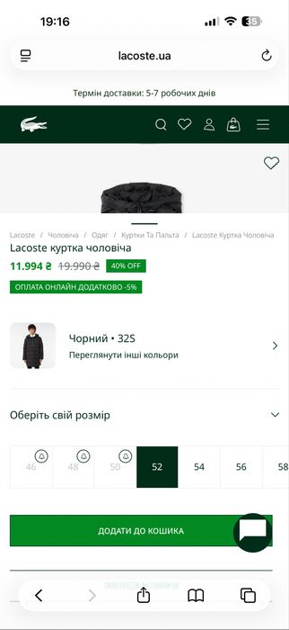 Чоловічий пуховик Lacoste