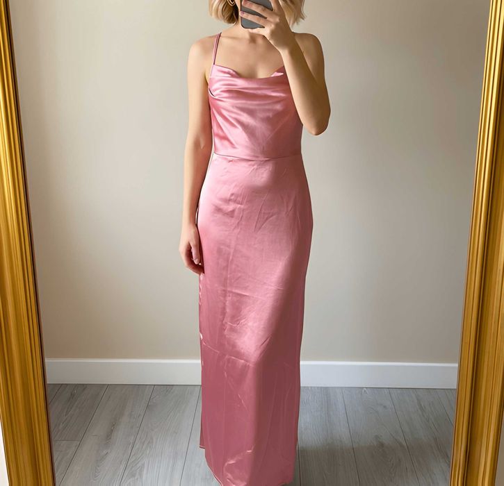 Satynowa suknia maxi slip dress brudny róż wesele bal 38
