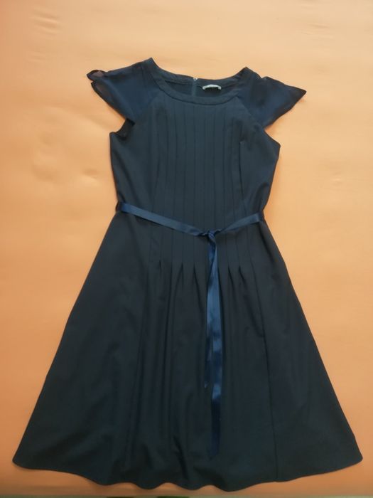 Granatowa sukienka Orsay pin up ozdobne rękawki szarfa w pasie rozm M