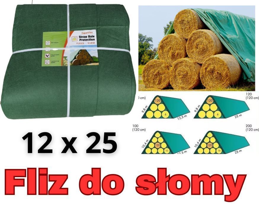 Fliz do słomy, fliz na siano i fliz do bel o wymiarach 12 x 25 m i gramaturze 145 g/m² tym rozmiarem przykryjesz 120 bel o średnicy 180cm
