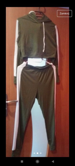 Nowy Dres khaki komplet top Crop bluza spodnie lampas nowe s M L