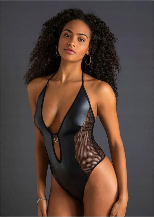 Venus body z eko skóry z siatki ze stringami ^48/50