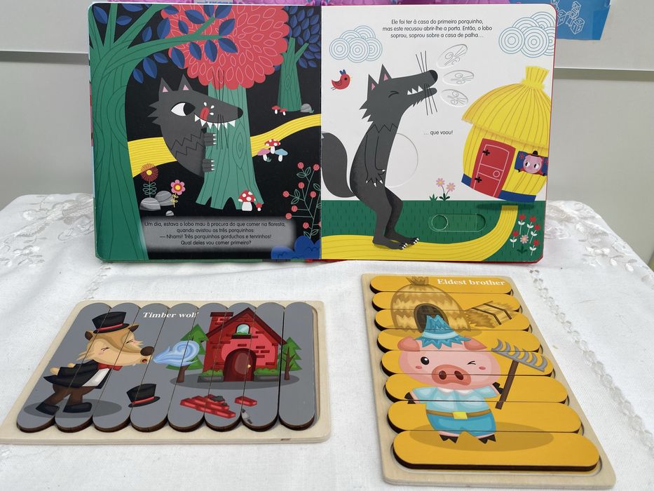 Os tres porquinhos Livro interativo dois puzzles duplos em madeira