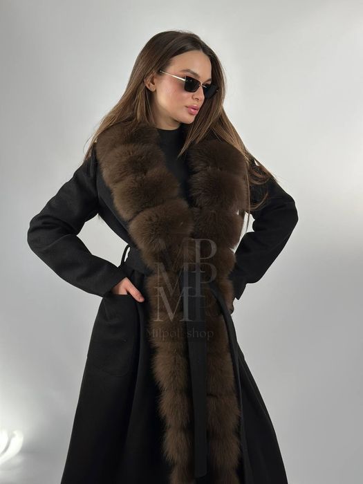 Женское чёрное пальто с натуральным мехом песца, 115 см, 42-54 размеры