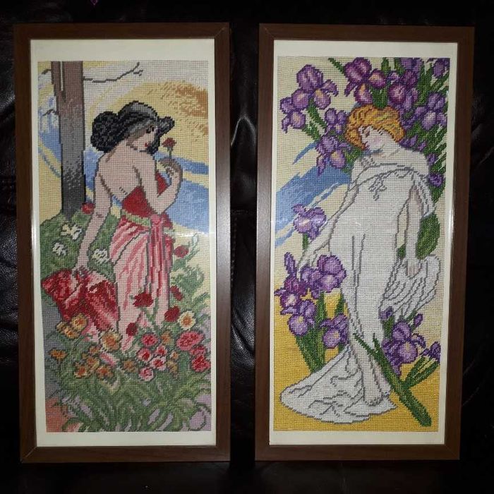 2 obrazy haft krzyżykowy damy kobiety kwiaty