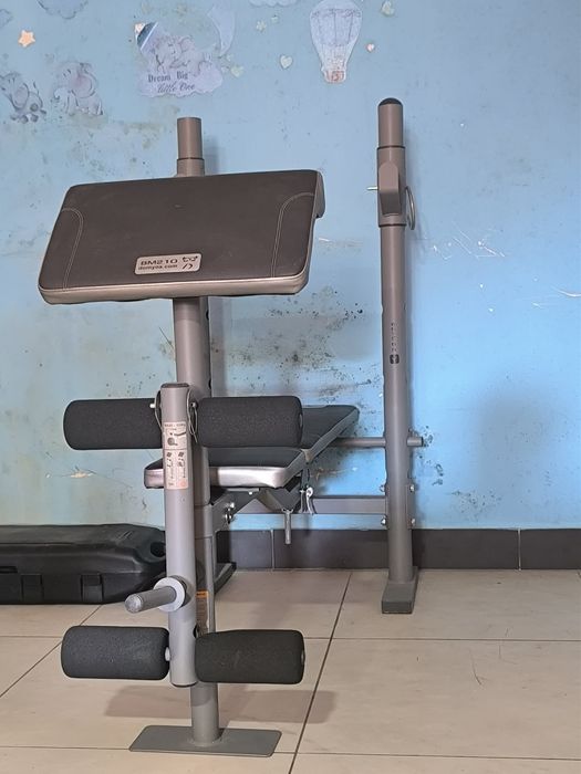 Cama de musculação, halteres e pesos
