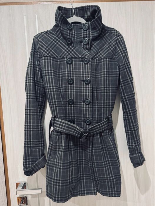 Płaszcz płaszczyk w kratkę szary elegancki M/L