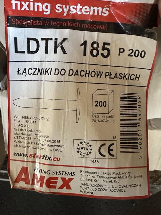 Дюбель LDTK Amex 185 . Lino Wkret - Met Кріплення для криші  телескоп для пвх мембрани ,