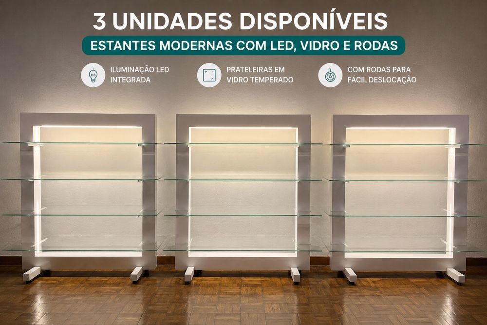 Estante moderna branca com LED e vidro temperado | 140x120 cm | Com rodas