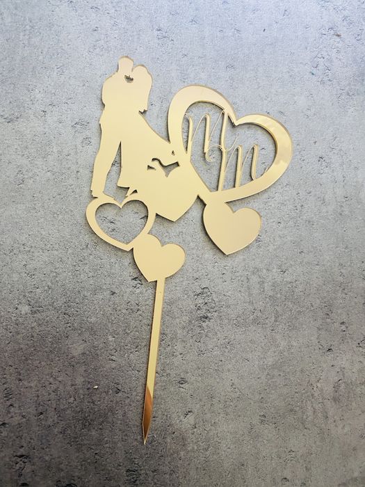 Toper ozdoba na tort slubny serca para mloda zloty lustrzany milosc