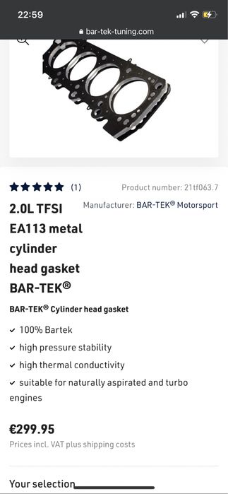 Прокладка ГБЦ 3мм BAR-TEK 2.0 Tsi Tfsi BWA BZC CDLA EA113 BHZ
