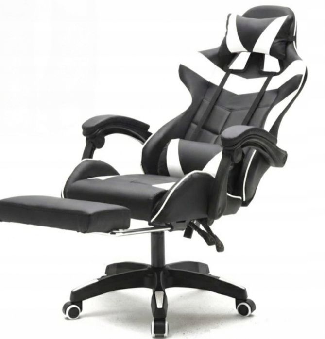 Fotel Gamingowy Biurowy Kubełkowy z Podnóżkiem Biały Ekoskóra Obrotowy