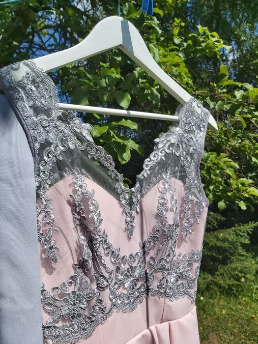 Sukienka damska BICOTONE, roz.34, nowa, jasny róż, szara koronka