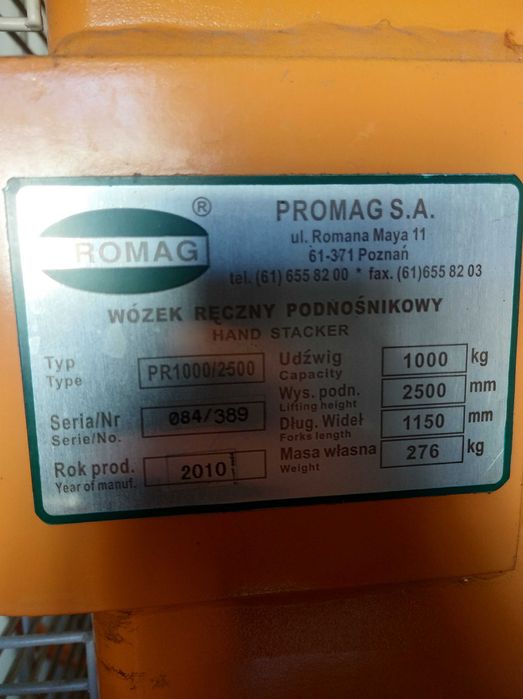 Promag Wózek Ręczny Podnośnikowy Pr 1000/2500