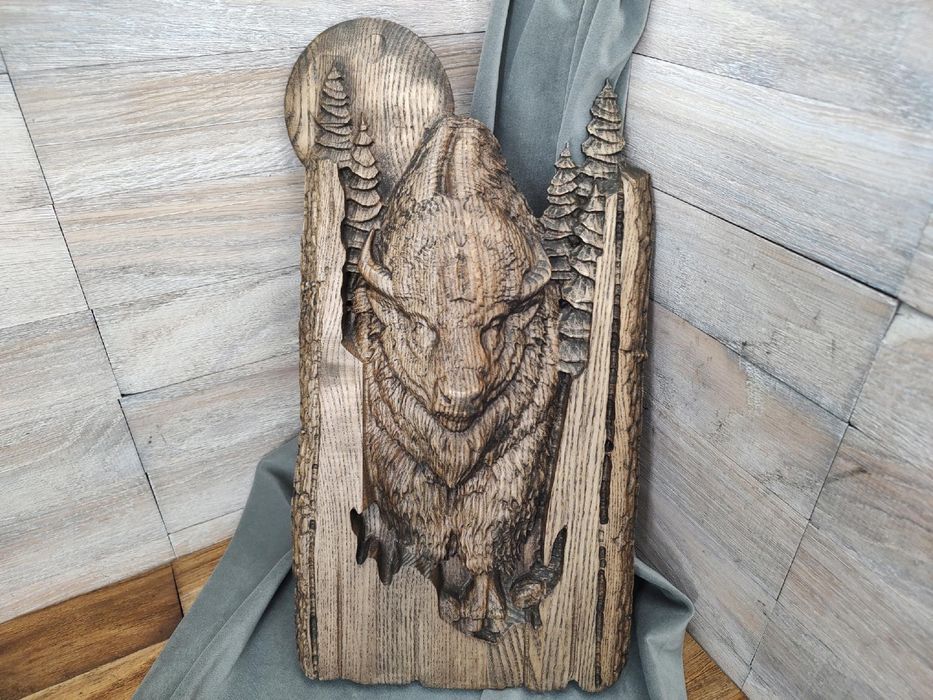 Drewnia płaskorzeżba bizon myśliwski motyw obraz łowczy prezent 30cm