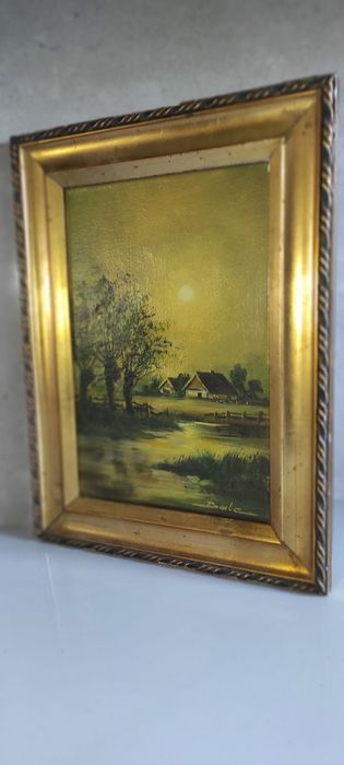 Stary obrazek Sygnowany Olej Rama Wieś Domek