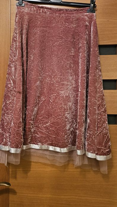 Elegancka Spódnica z gniecionego weluru r.M pudrowy róż