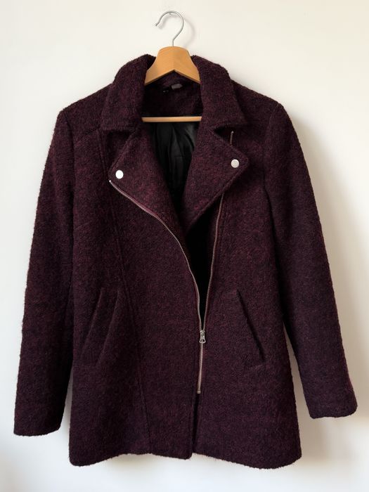 Wełniana ramoneska kurtka burgundowa wełna H&M 36 S boucle kieszenie