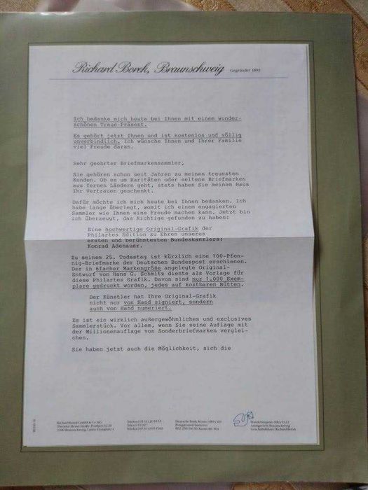 Konrad Adenauer - Autograf plus Znaczek - Certyfikat autentyczności.