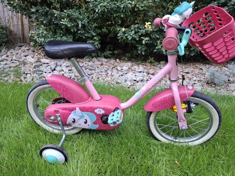 Rower, rowerek btwin 14, kółka boczne, dla dziewczynki, jednorożec