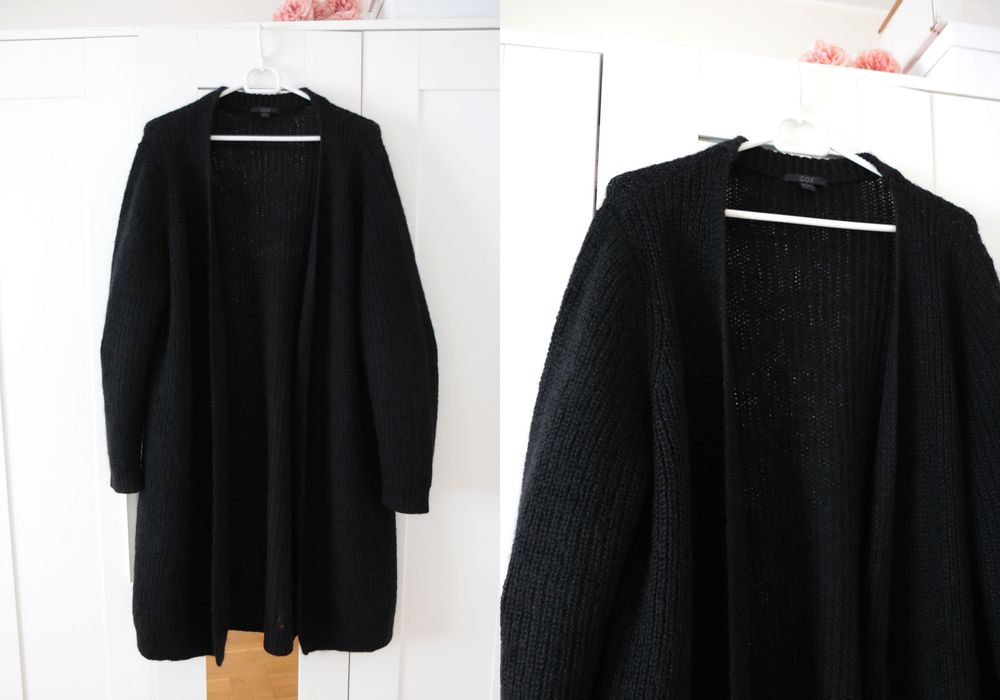 Czarny dłuższy kardigan COS M 38 sweter moher wełna dobry skład wool