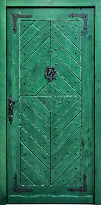 Drzwi DŁUGOSZ drewniane zewnętrzne góralskie jodełka zielone GOTOWE