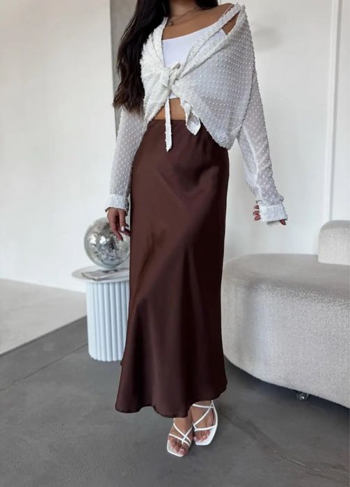 Шовкова спідниця міді шоколад, коричнева на резинці, 42-44