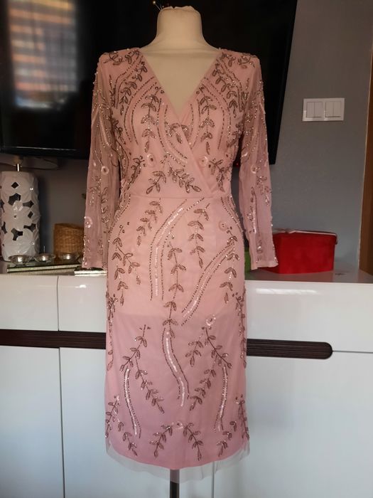 Bogato zdobiona sukienka z siateczki M,wesele, impreza