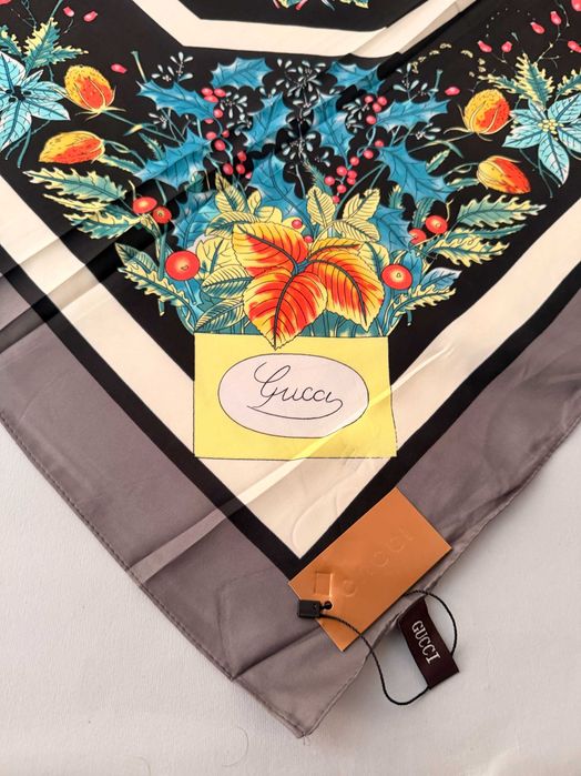 Платок Gucci Flowers Black Grey 90см Silk НОВЫЙ