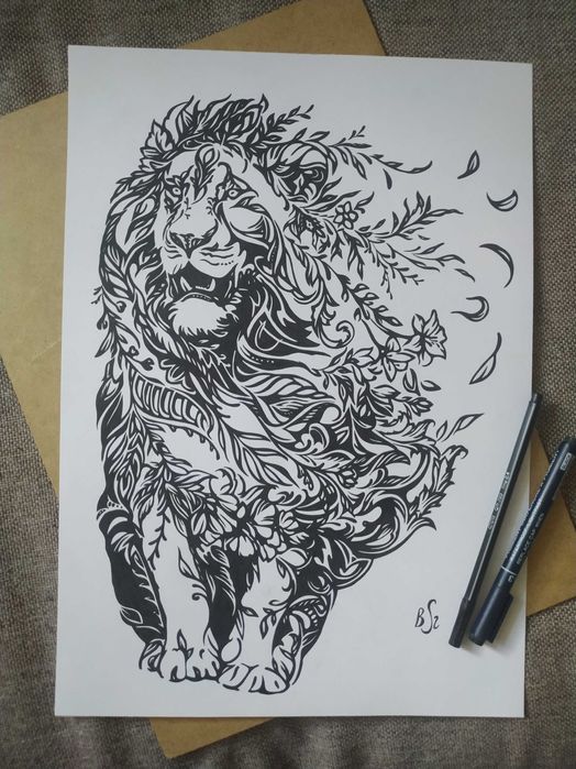 Rysunek: lew, cienkopis - blok tech. A3, 250 g/m2