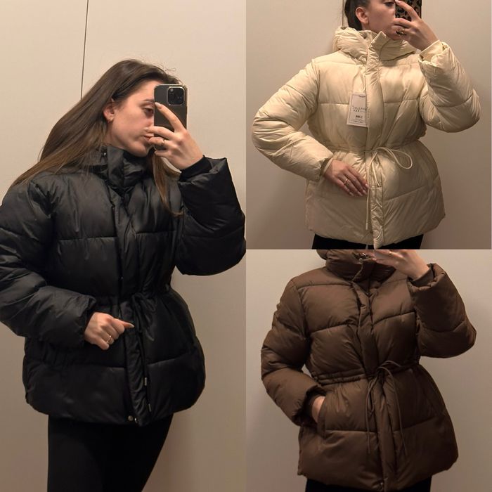 Нова демісезонна куртка пуфер жіноча на завязках коричнева молочна чор