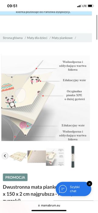 Dwustronna mata piankowa XXL - 180 x 150 x 2 cm gruba - rulon