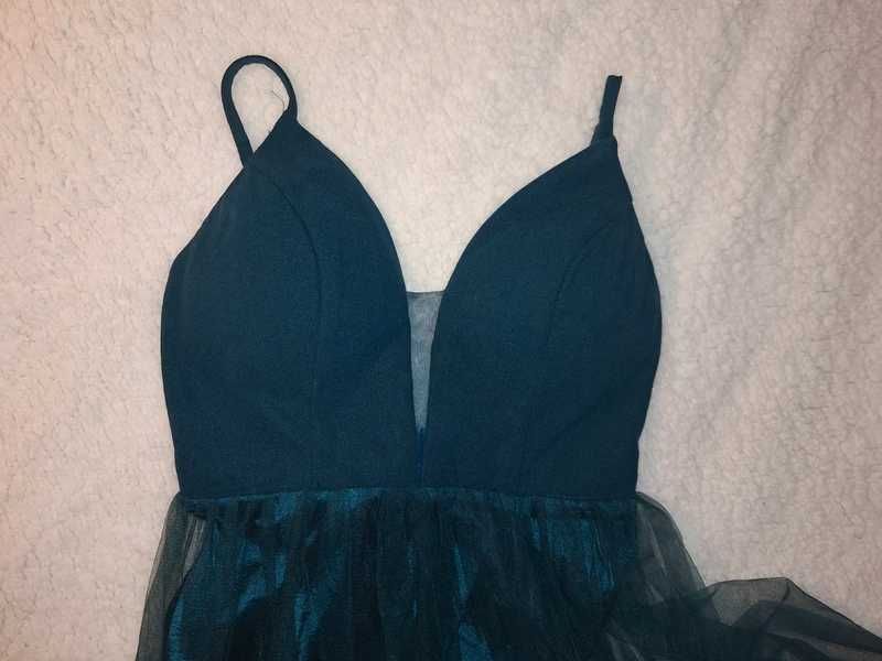 Długa sukienka wieczorowa butelkowa zieleń XS/S