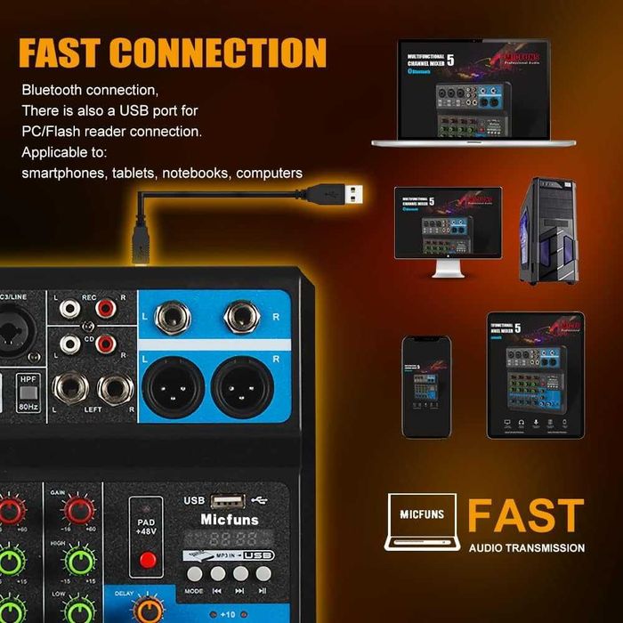 5 Kanałowy Mikser Audio Usb Bluetooth Dj Kanał M/5