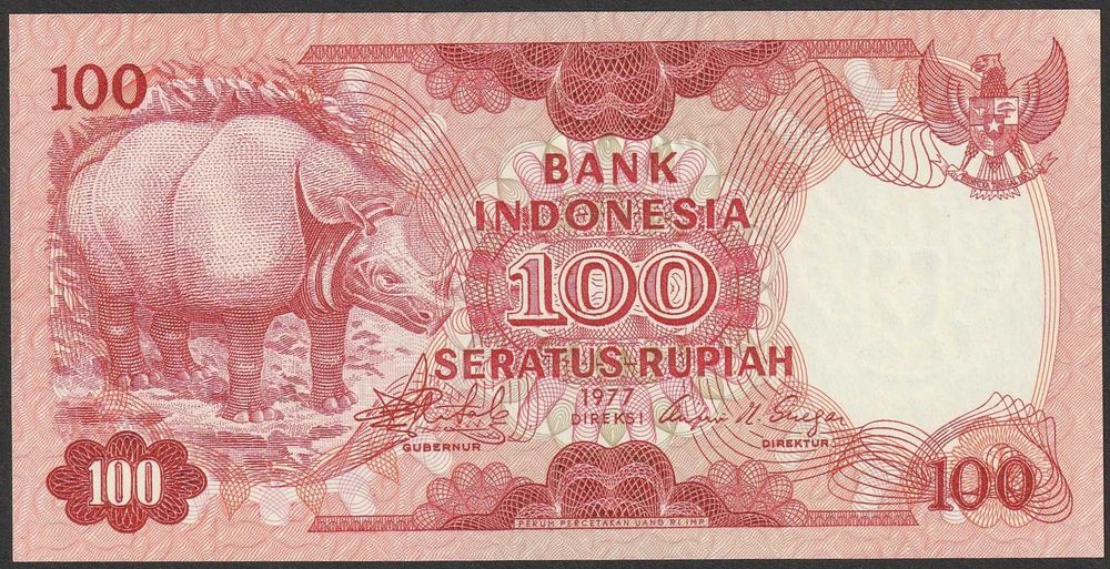 Indonezja 100 rupiah 1977 - nosorożec  - stan bankowy UNC