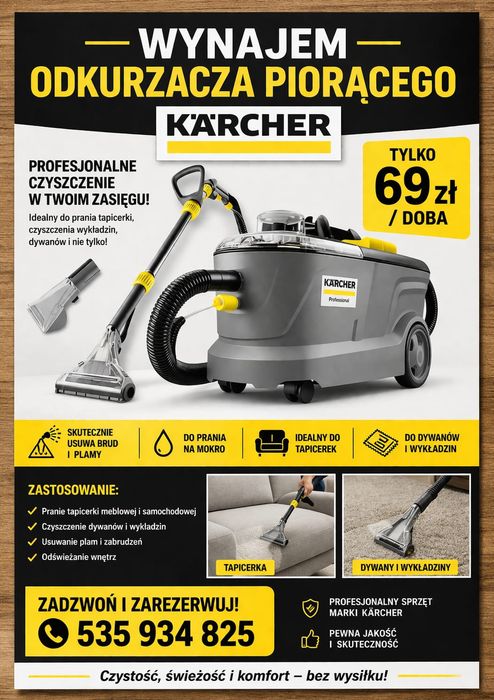 Wynajem odkurzacza piorącego Karcher Puzzi 10/1 Pranie tapicerki