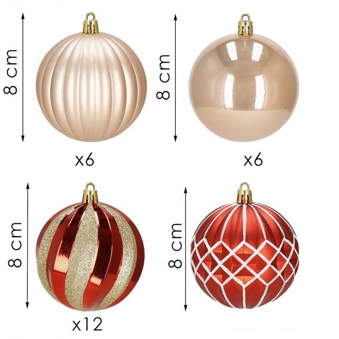 BOMBKI na Choinkę Czerwone Odcienie GOLD 30szt ZDOBIONE 8cm NIETŁUKĄCE