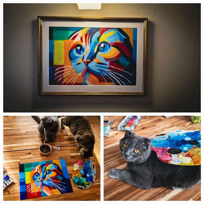 Obraz olejny, kubizm, kot zwisłouchy. Format A3. Ramka w komplecie