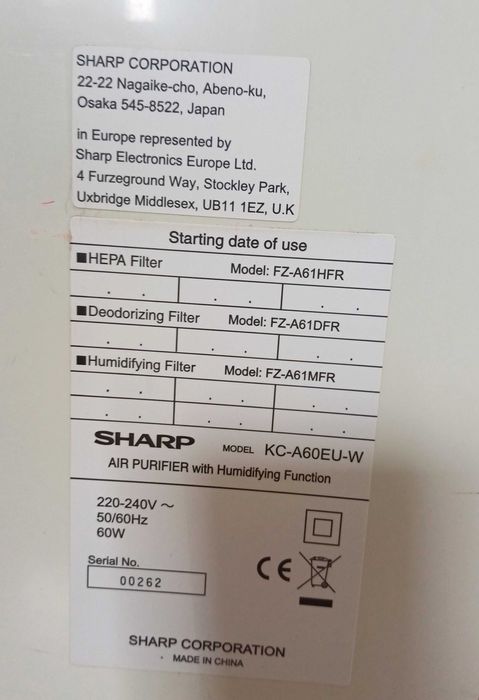 Oczyszczacz powietrza do pomieszczeń do 48 m2, Sharp KC-A60EU-W  z technologią jonów Plasmacluster